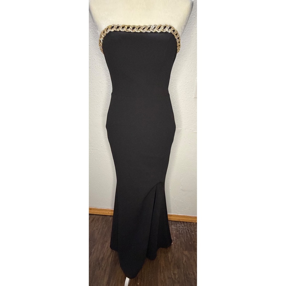 XSCAPE Black Strapless Rhinestone Chain Trim Evening Gown Dress Size 2